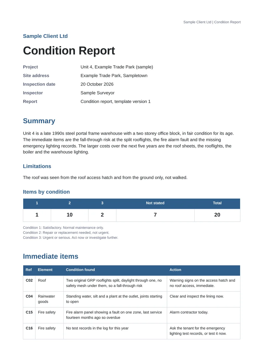 The exported condition report: cover, summary, limitations and items by condition