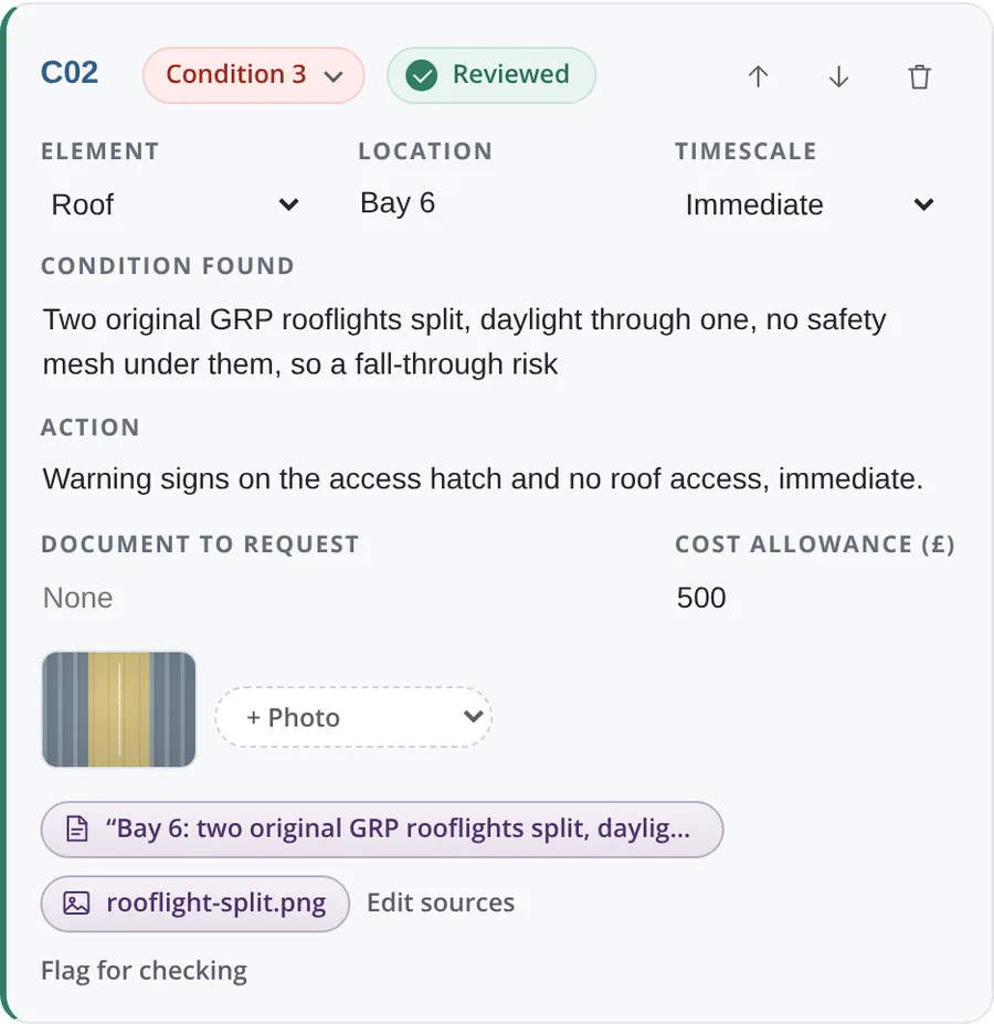 A condition report item: rating, timescale, location, the condition found, the action, and its sources